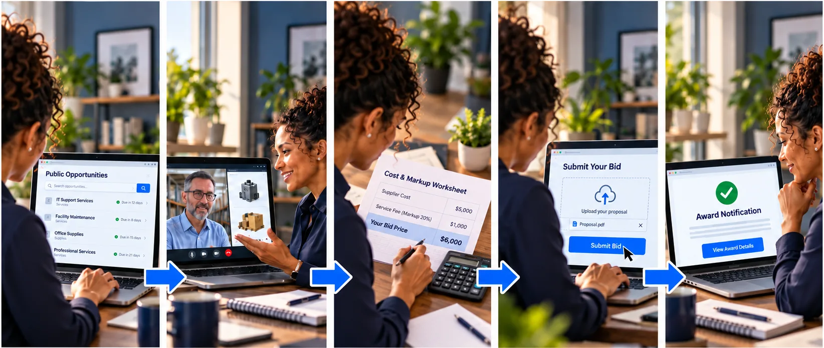 A woman at her desk finds a government order, talks to a supplier, works out her markup, submits her bid and receives an award notice.
